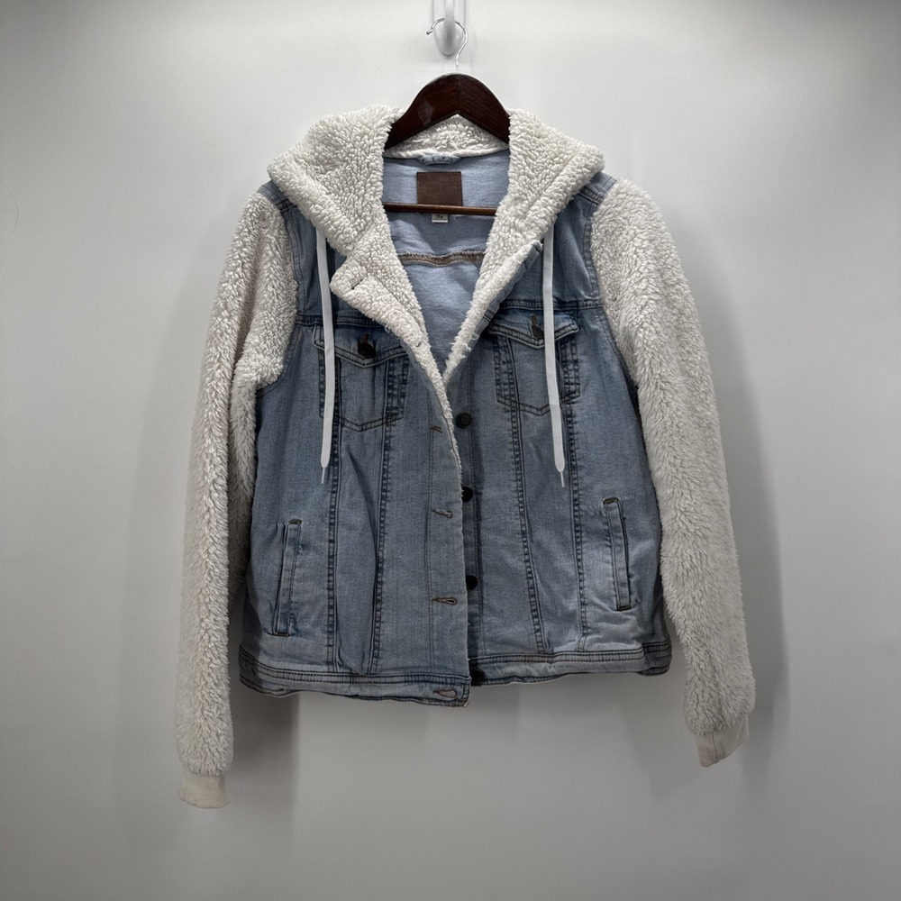 Maurices Jacket Womens Blue Denim White Sherpa Fleece Hooded Size Ox